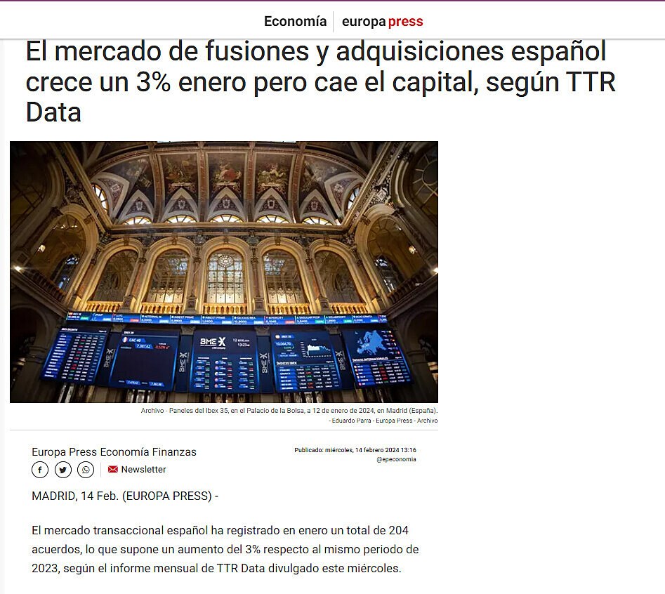 El mercado de fusiones y adquisiciones espaol crece un 3% enero pero cae el capital, segn TTR Data